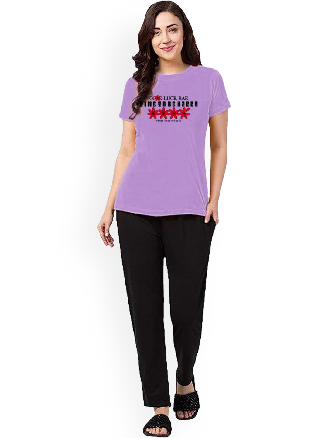 

BETTER THINK Typography Printed Pure Cotton Night Suit, Lavender