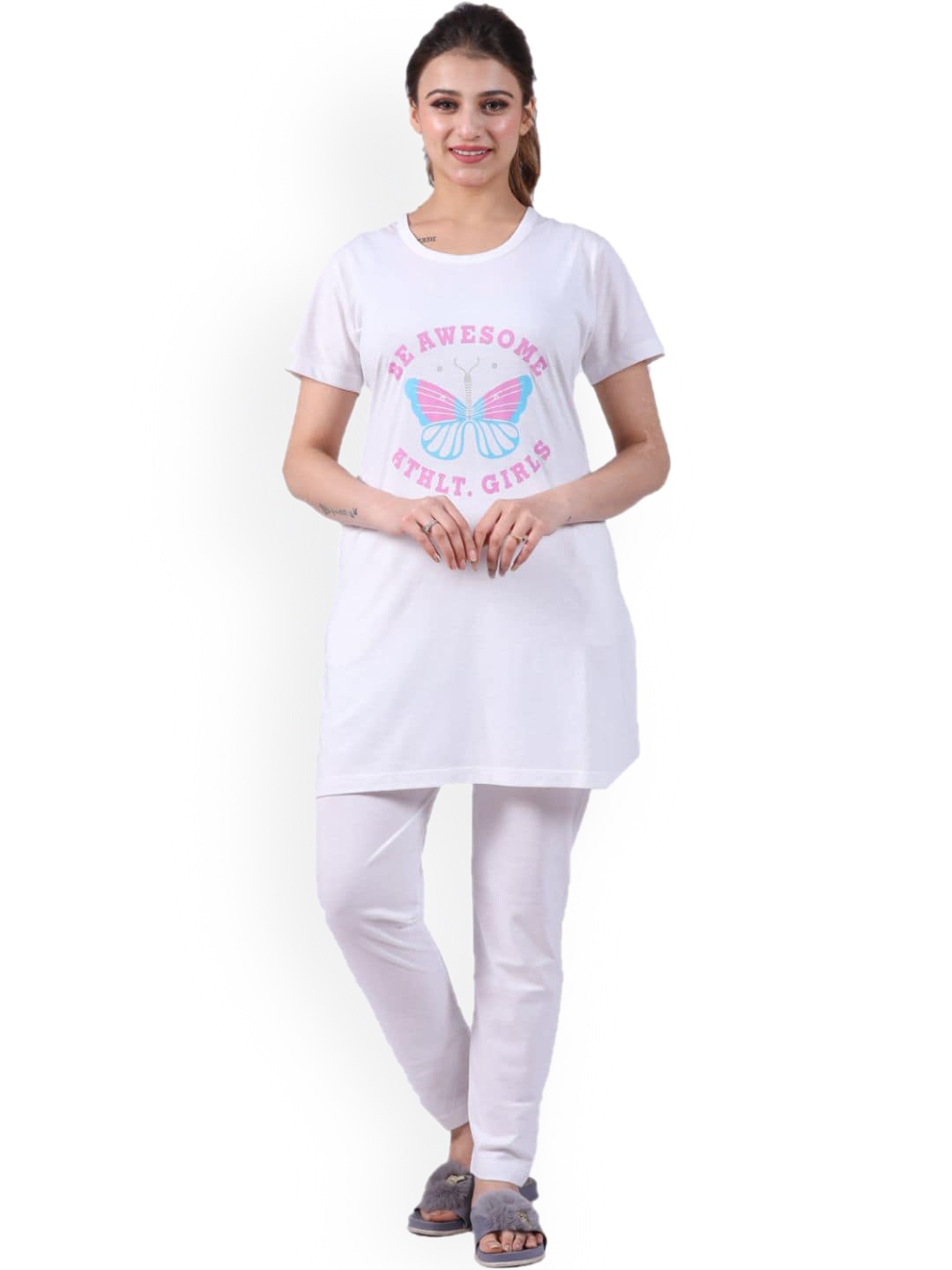 

BETTER THINK Typography Printed Pure Cotton T-shirt With Pyjamas, White
