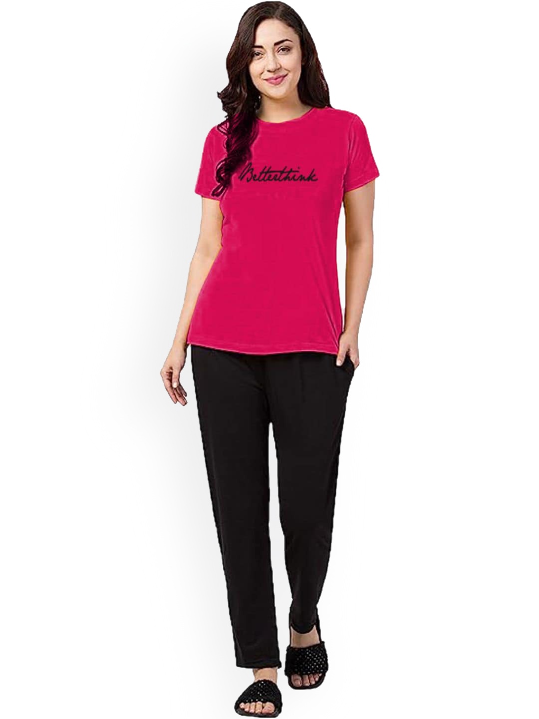 

BETTER THINK Brand Logo Printed Pure Cotton Night Suit, Pink
