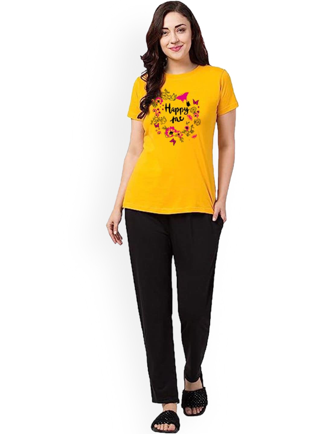 

BETTER THINK Typography Printed Pure Cotton T-shirt With Pyjama, Mustard