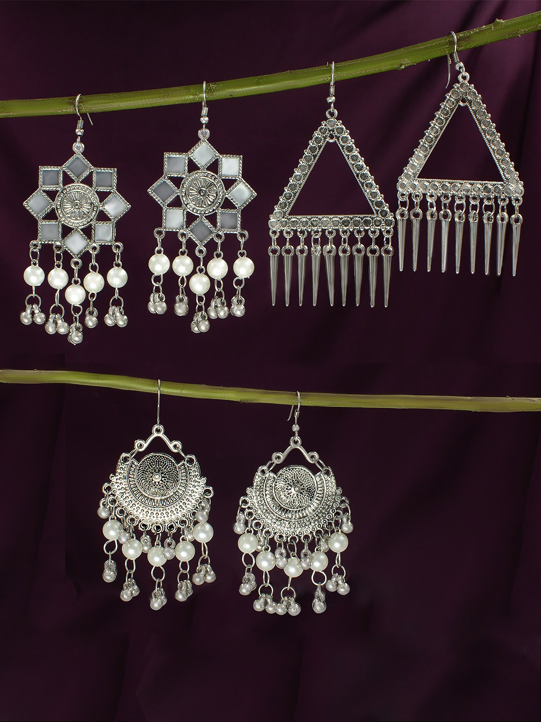 

PRIVIU Set Of 3 Silver-Plated Beaded Classic Drop Earrings