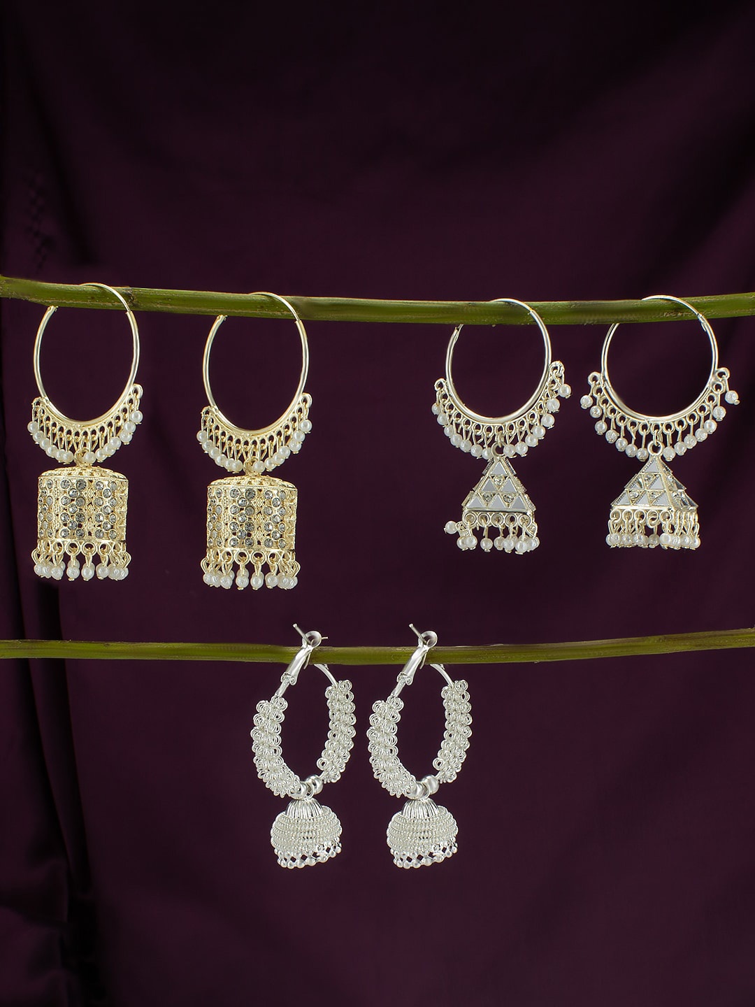 

PRIVIU Set Of 3 Silver-Plated Dome Shaped Jhumkas
