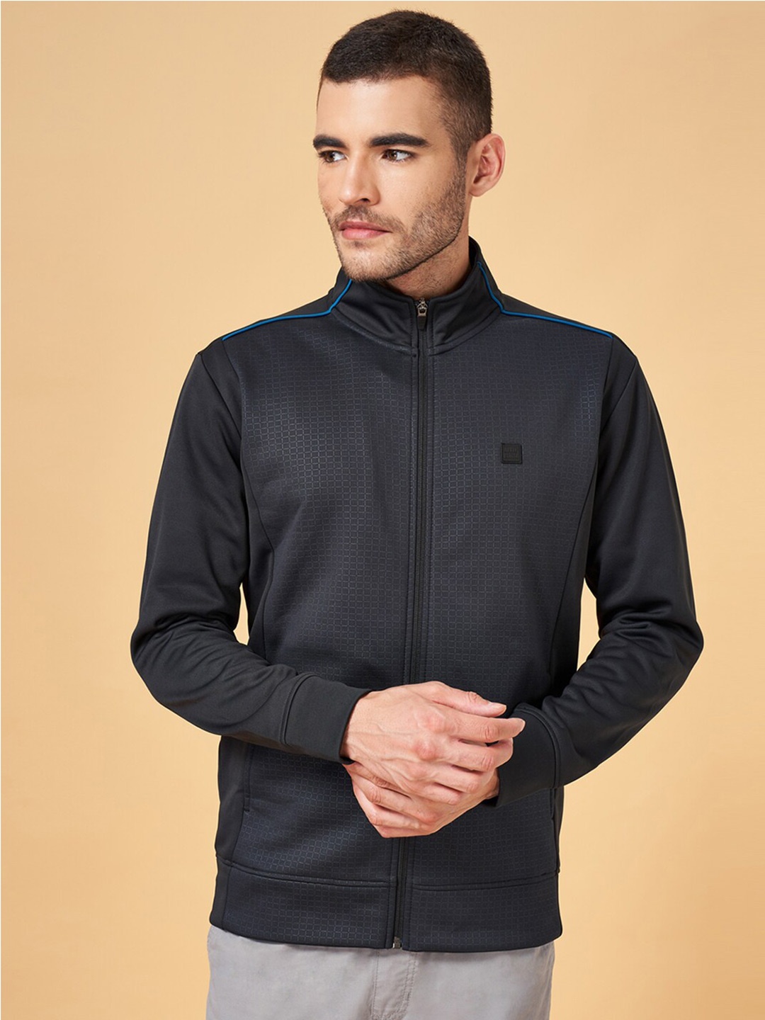 

Urban Ranger by pantaloons Geometric Printed Mock Collar Cotton Bomber Jacket, Black