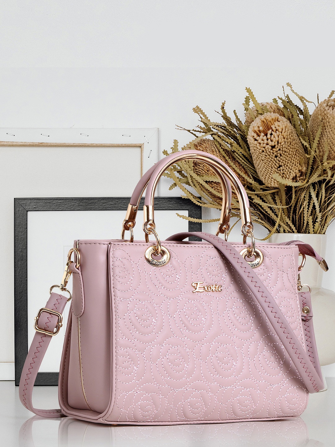 

Exotic Floral Embroidered Structured Handheld Bag, Pink