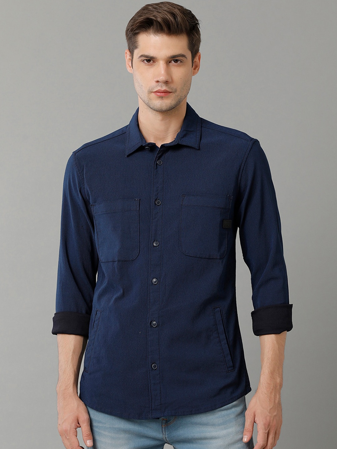 

Voi Jeans Spread Collar Denim Cotton Casual Shirt, Navy blue
