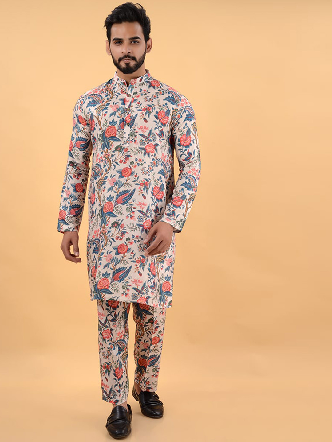 

House of K.C Floral Printed Band Collar Pure Silk Straight Kurta with Trouser, Cream