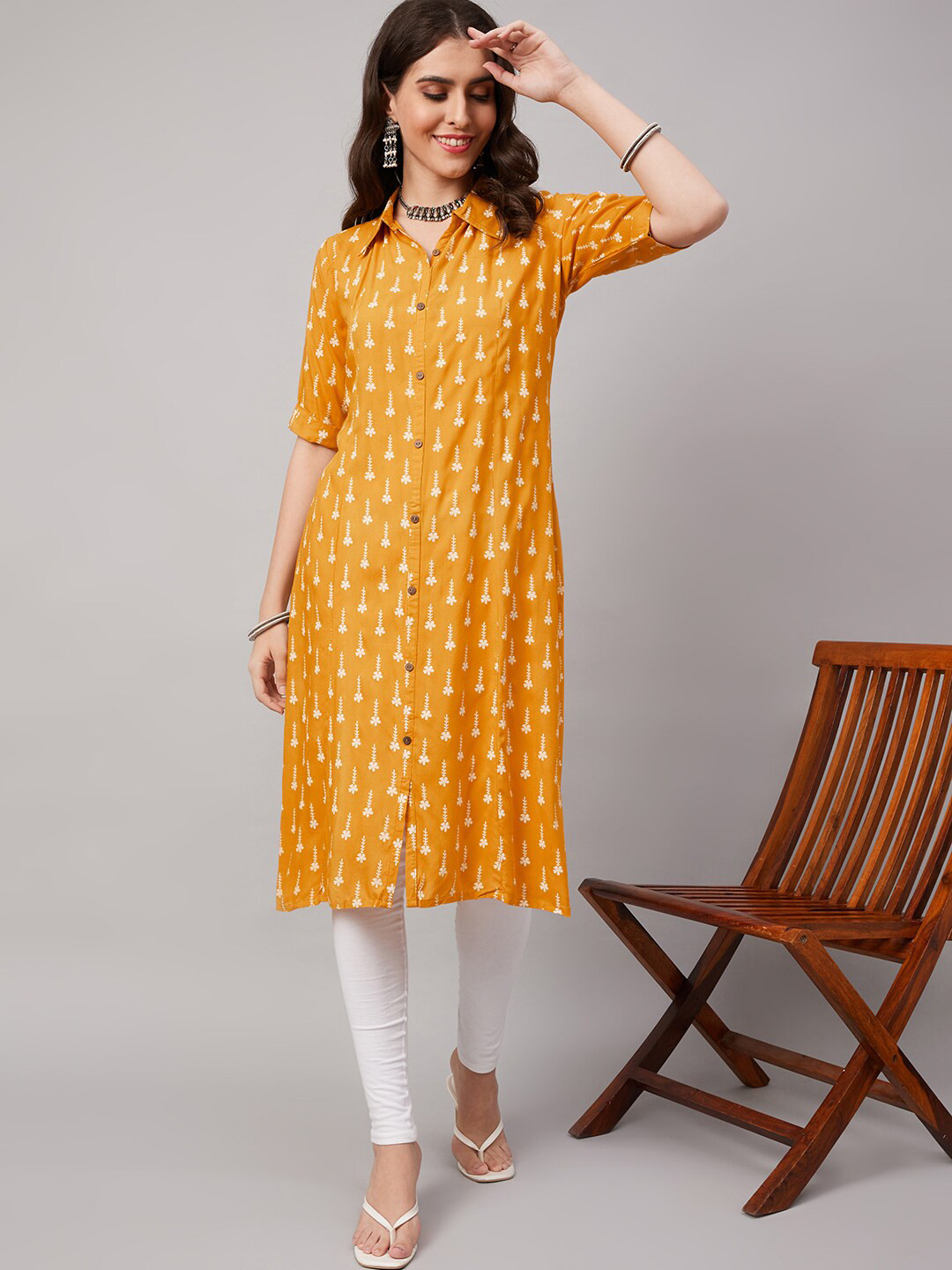 

KALINI Ethnic Motifs Printed Shirt Collar Kurta, Mustard