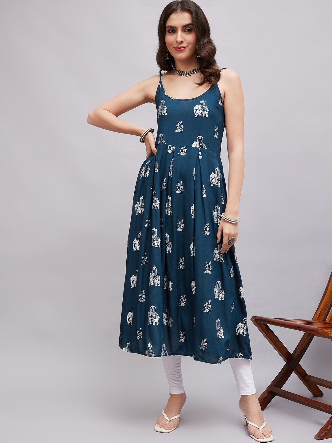 

KALINI Ethnic Motifs Printed Shoulder Straps Flared Kurta, Teal