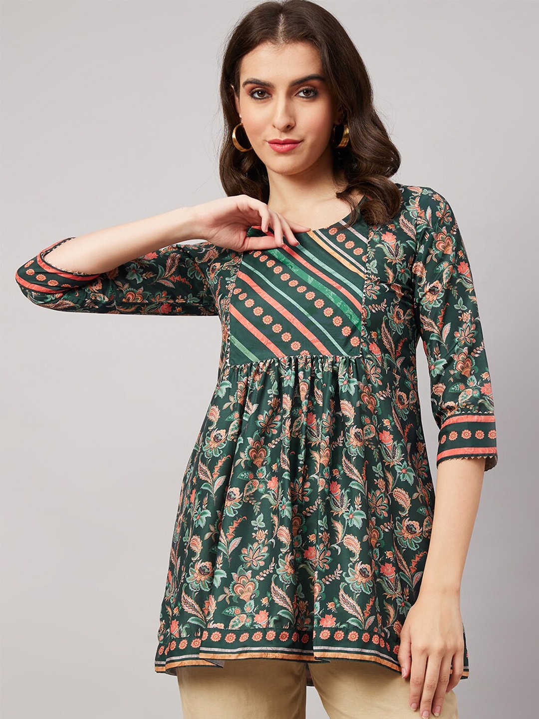 

KALINI Ethnic Motif Printed Gathered Top, Green