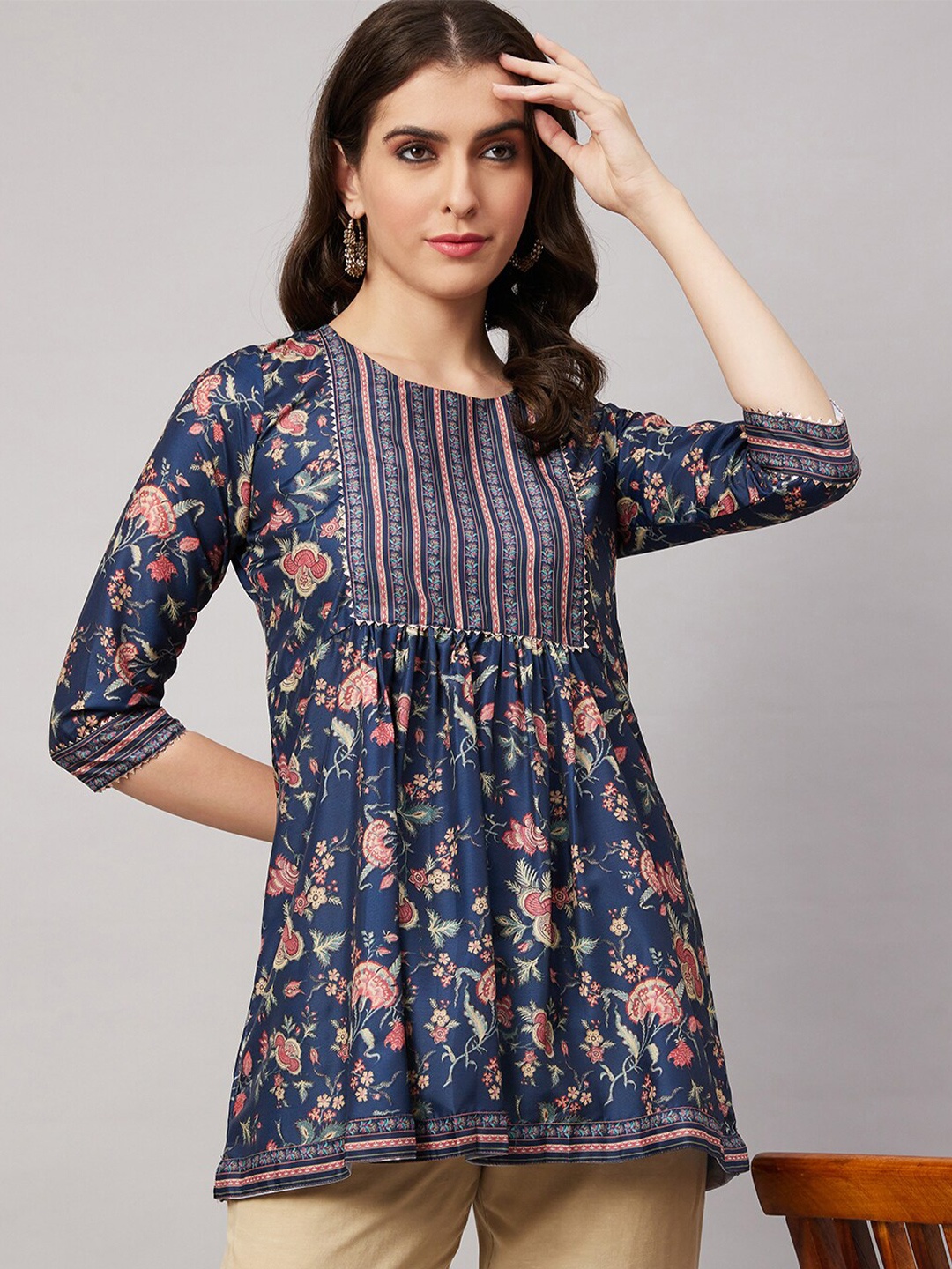 

KALINI Ethnic Motif Printed Gathered Top, Navy blue