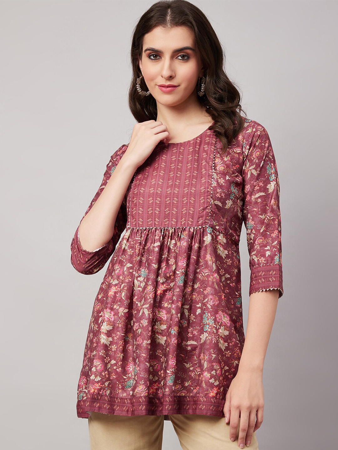 

KALINI Ethnic Motif Printed Gathered Top, Maroon
