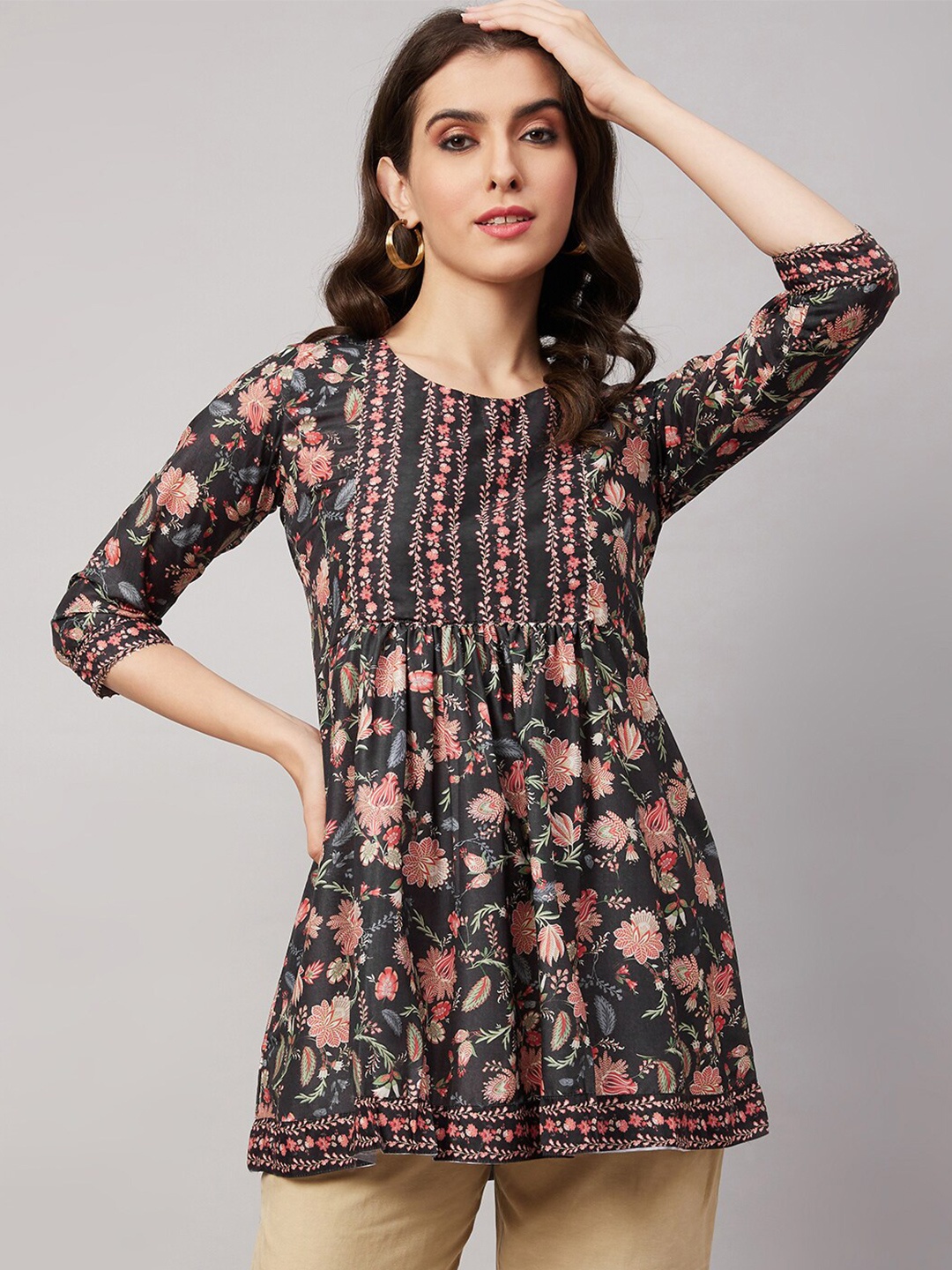 

KALINI Floral Printed Round Neck Chinon Pleated A-Line Kurti, Black