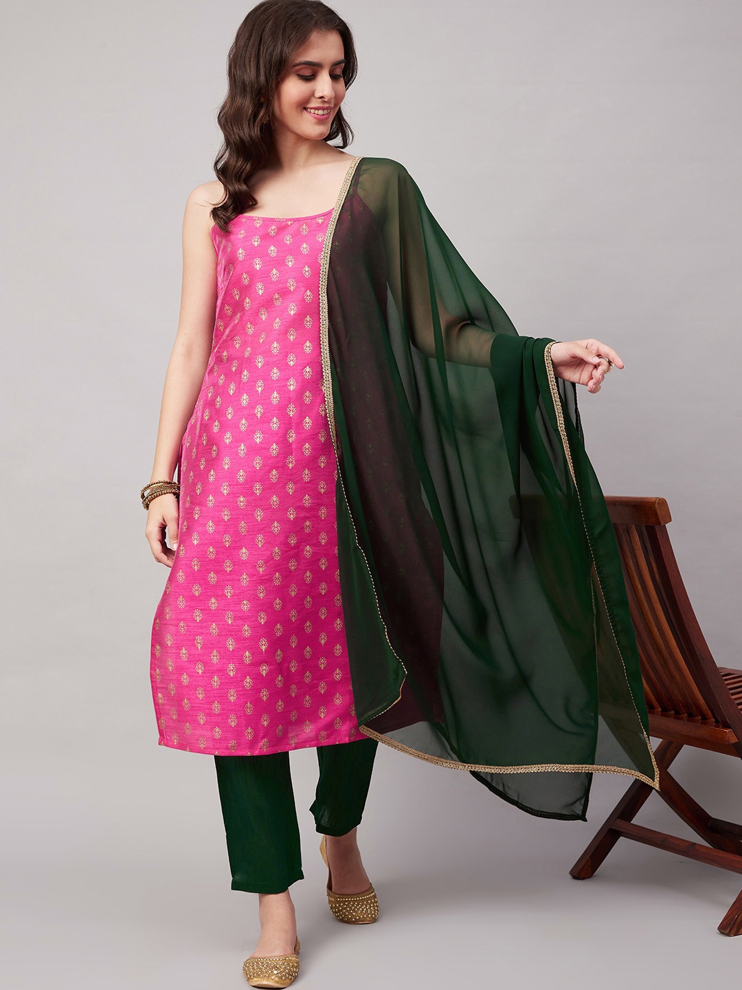 

KALINI Ethnic Motifs Printed Regular Kurta with Trousers & Dupatta, Pink