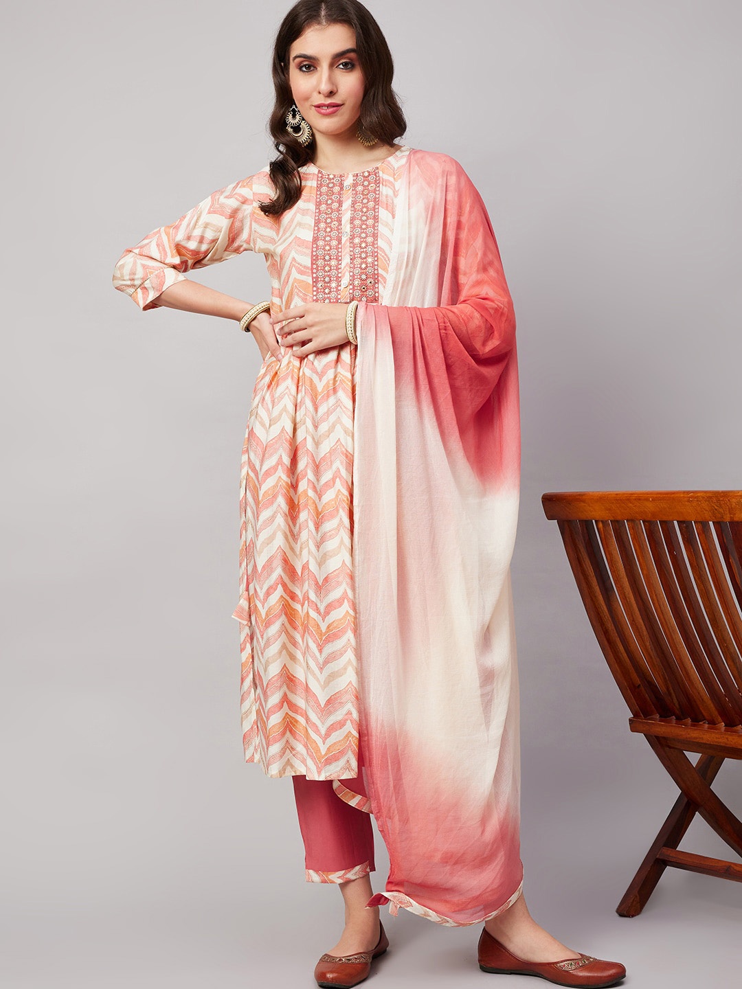 

KALINI Chevron Printed Pleated Kurta With Trousers & Dupatta, Red