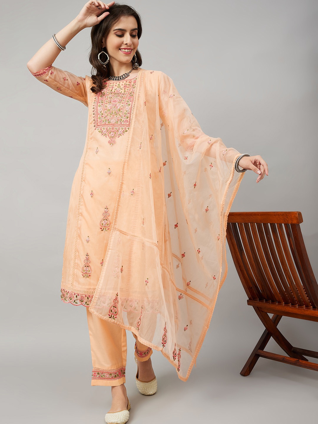 

KALINI Floral Embroidered Regular Kurta with Trousers & Dupatta, Orange