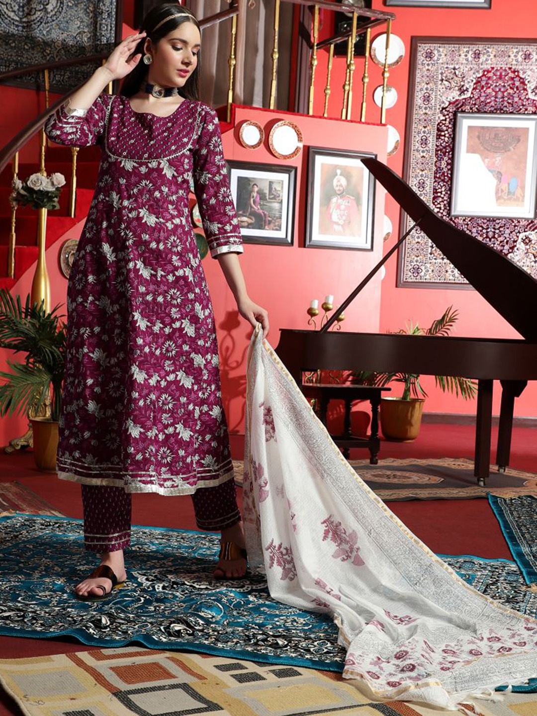 

Sangria Burgundy Floral Printed Mirror Work Pure Cotton A-Line Kurta Set