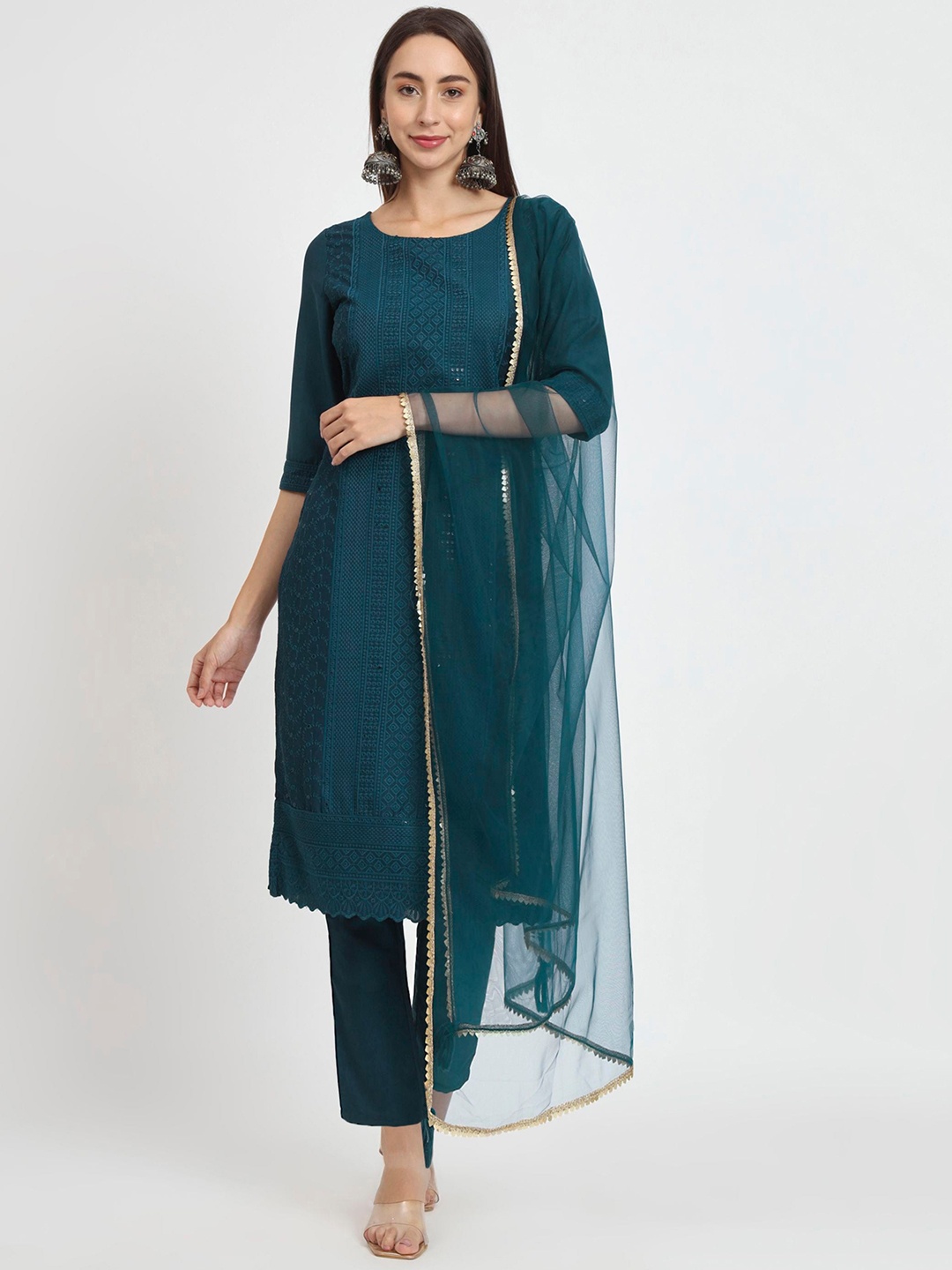 

Shopping Queen Ethnic Motifs Embroidered Regular Kurta With Trousers & Dupatta, Blue