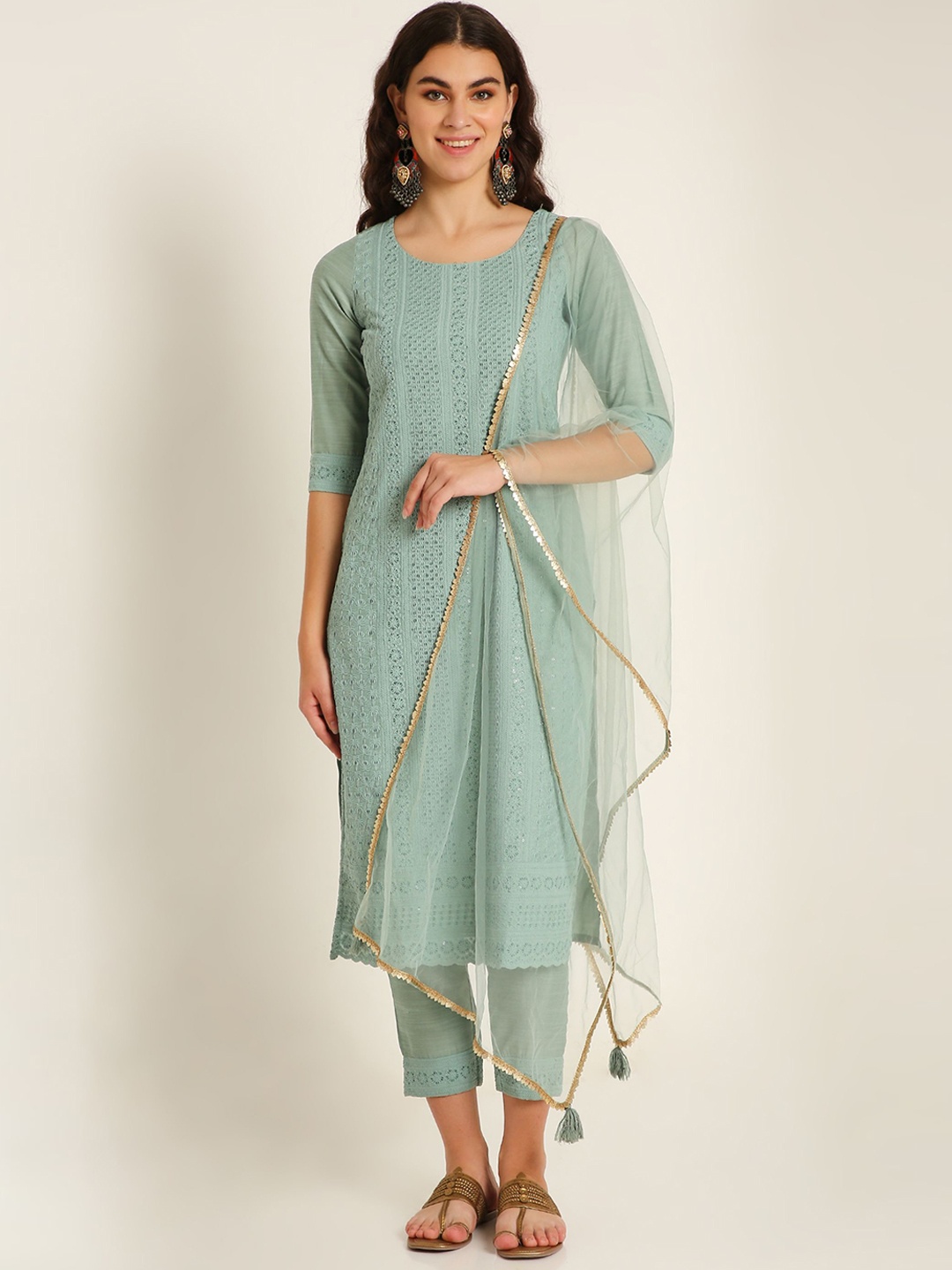 Shopping Queen Ethnic Motifs Embroidered Chikankari Kurta With Trousers & Dupatta, Green
