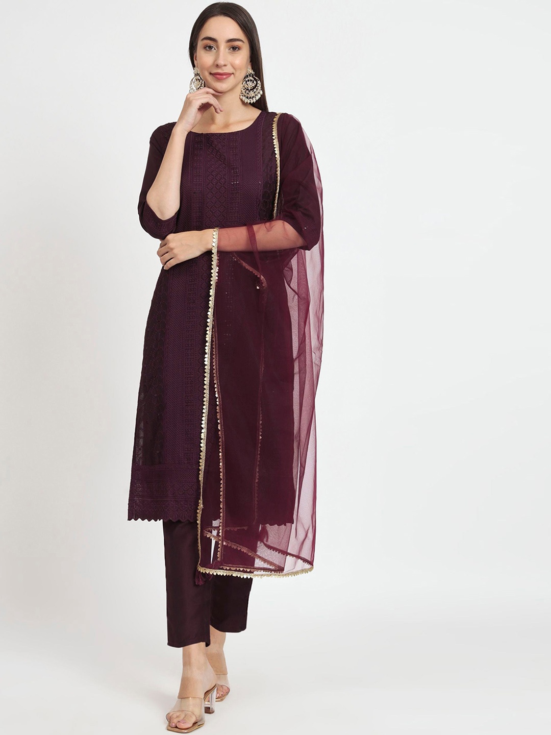 

Shopping Queen Embroidered Regular Kurta With Trousers & Dupatta, Brown