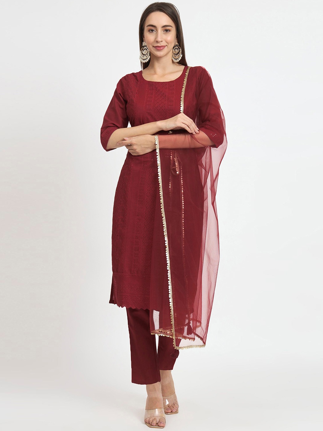 

Shopping Queen Ethnic Motifs Embroidered Kurta With Trousers & Dupatta, Maroon