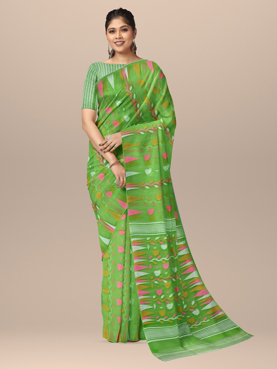 

SARIKA Ethnic Motifs Woven Design Pure Cotton Jamdani Saree, Lime green