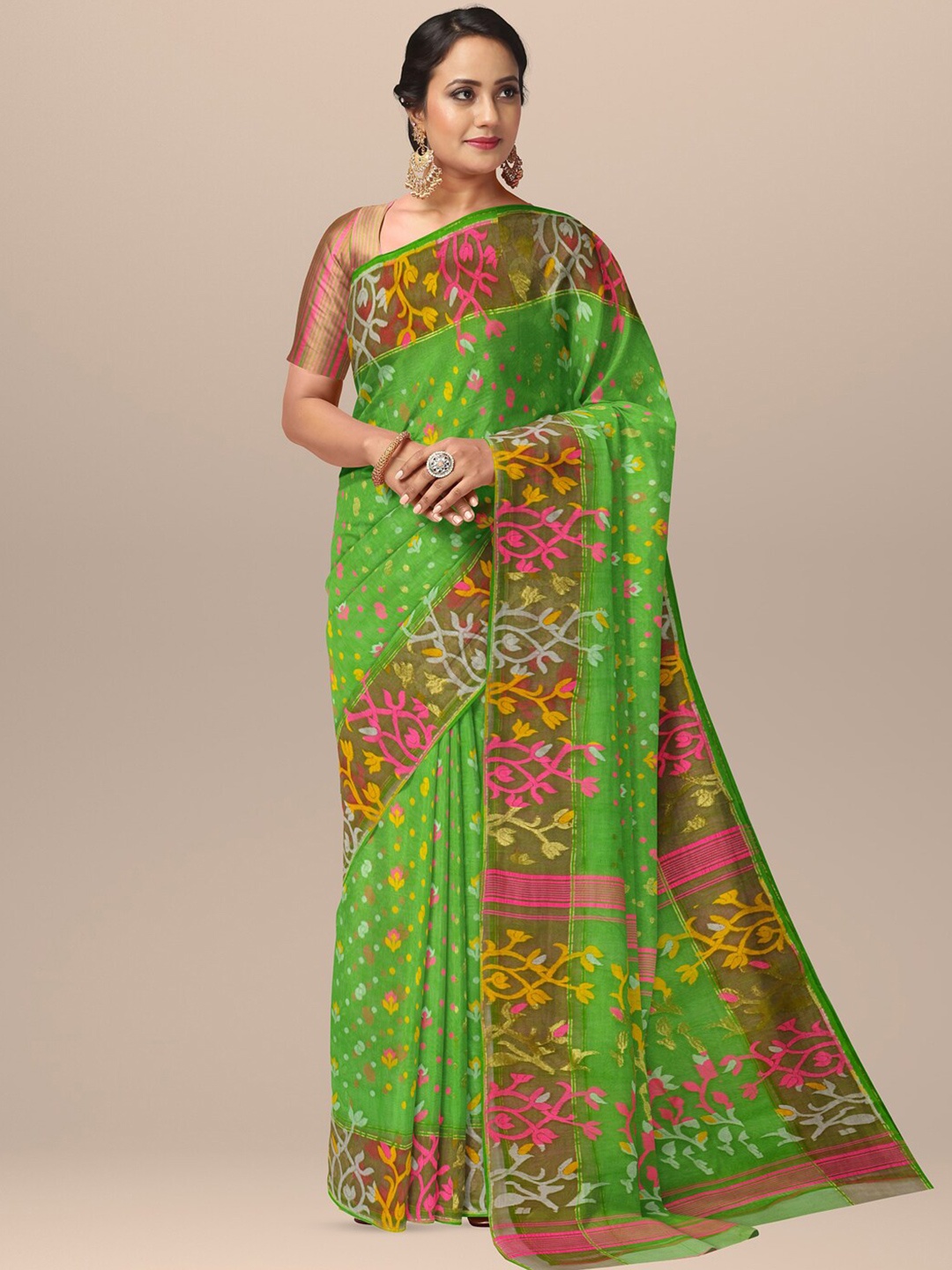 

SARIKA Floral Woven Design Pure Cotton Jamdani Saree, Lime green