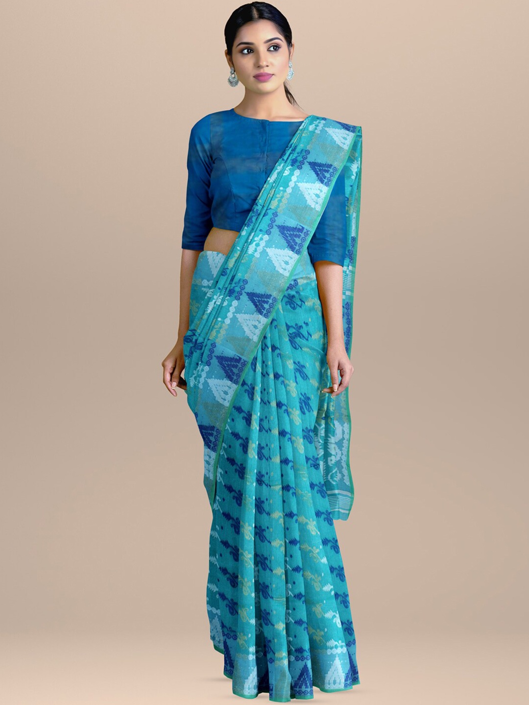 

SARIKA Ethnic Motifs Woven Design Pure Cotton Jamdani Saree, Blue