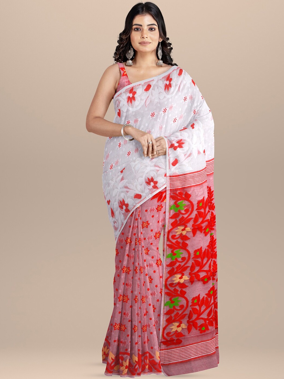 

SARIKA Ethnic Motifs Woven Design Pure Cotton Jamdani Saree, Red