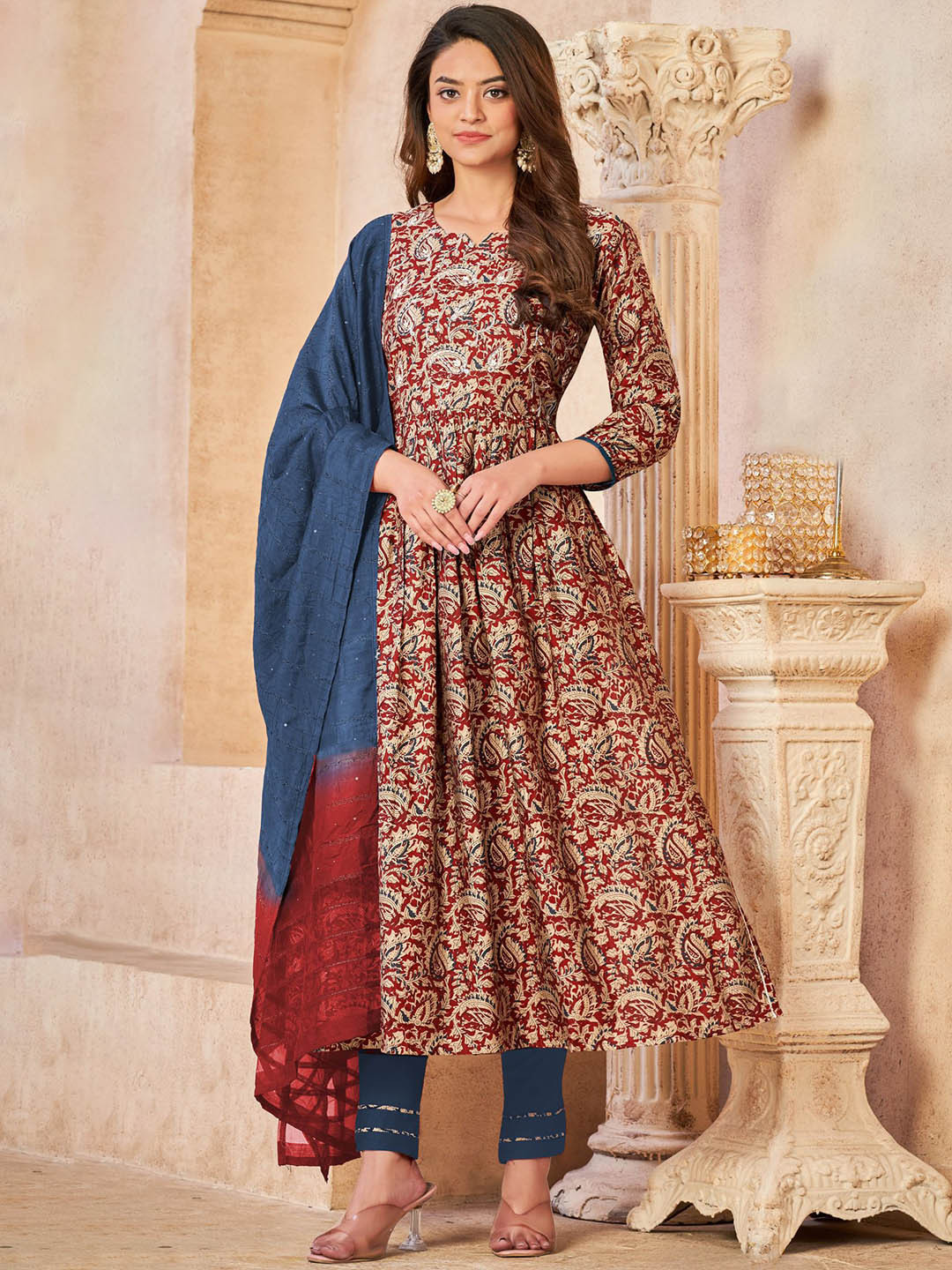 

PREMROOP- THE STYLE YOU LOVE Paisley Printed Cotton Anarkali Kurta with Trousers & Dupatta, Red