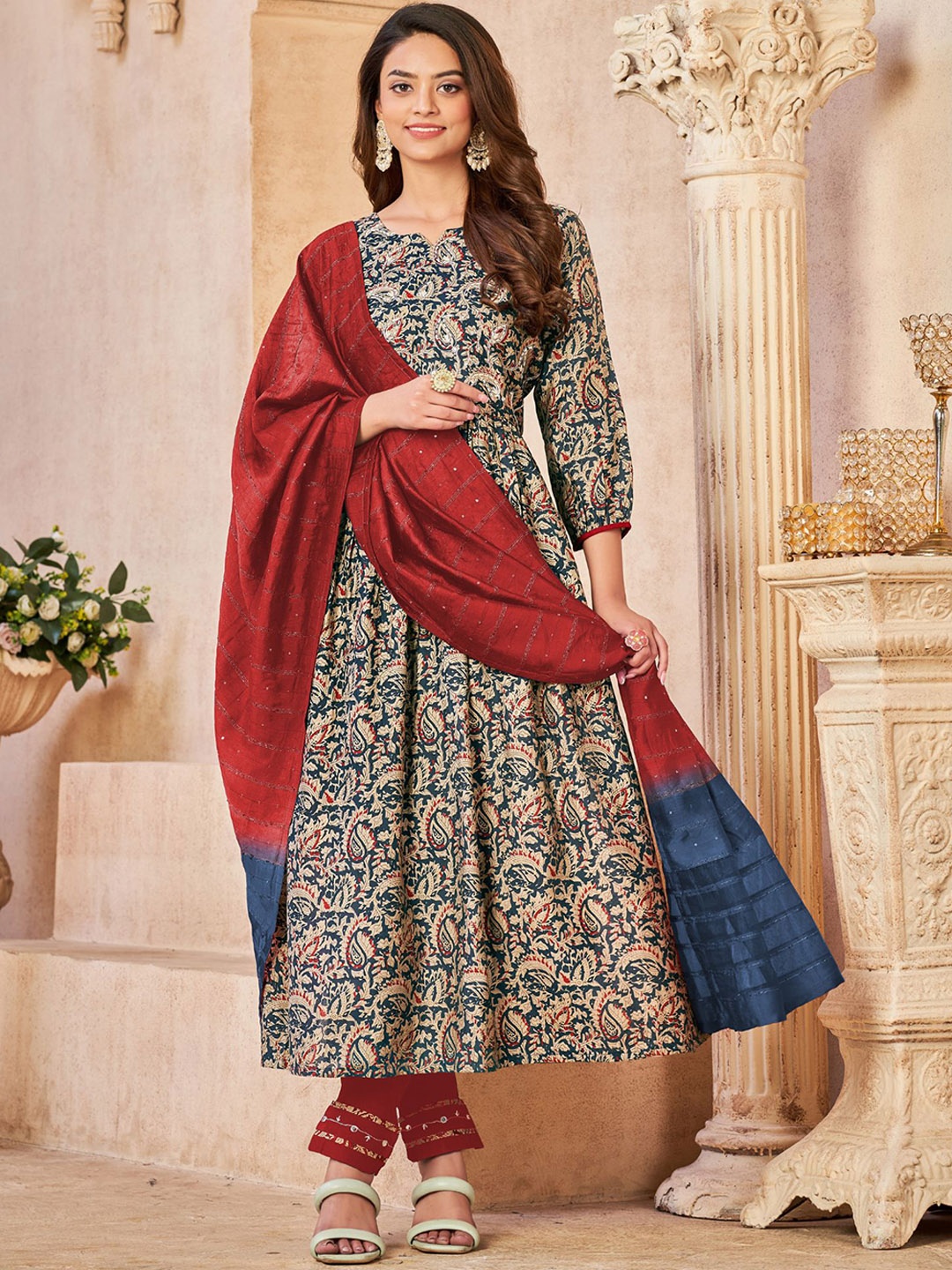 

PREMROOP- THE STYLE YOU LOVE Ethnic Motifs Printed Cotton Kurta With Trousers & Dupatta, Teal