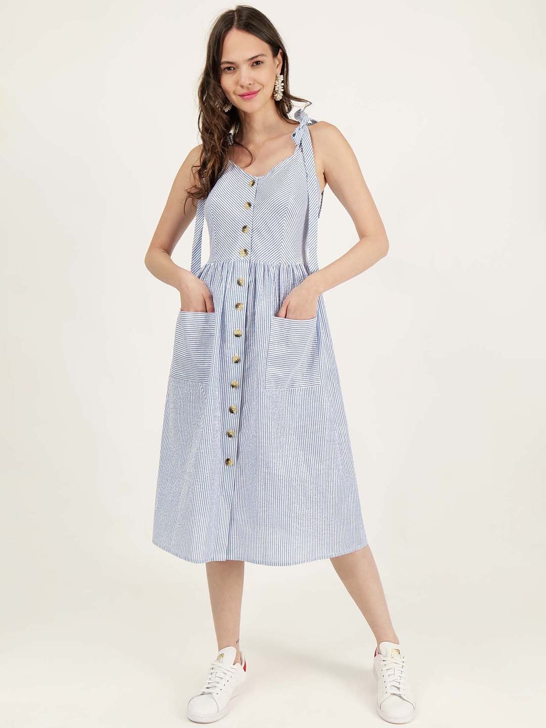 

DRIRO Striped Shoulder Straps Pure Cotton A-Line Midi Dress, White