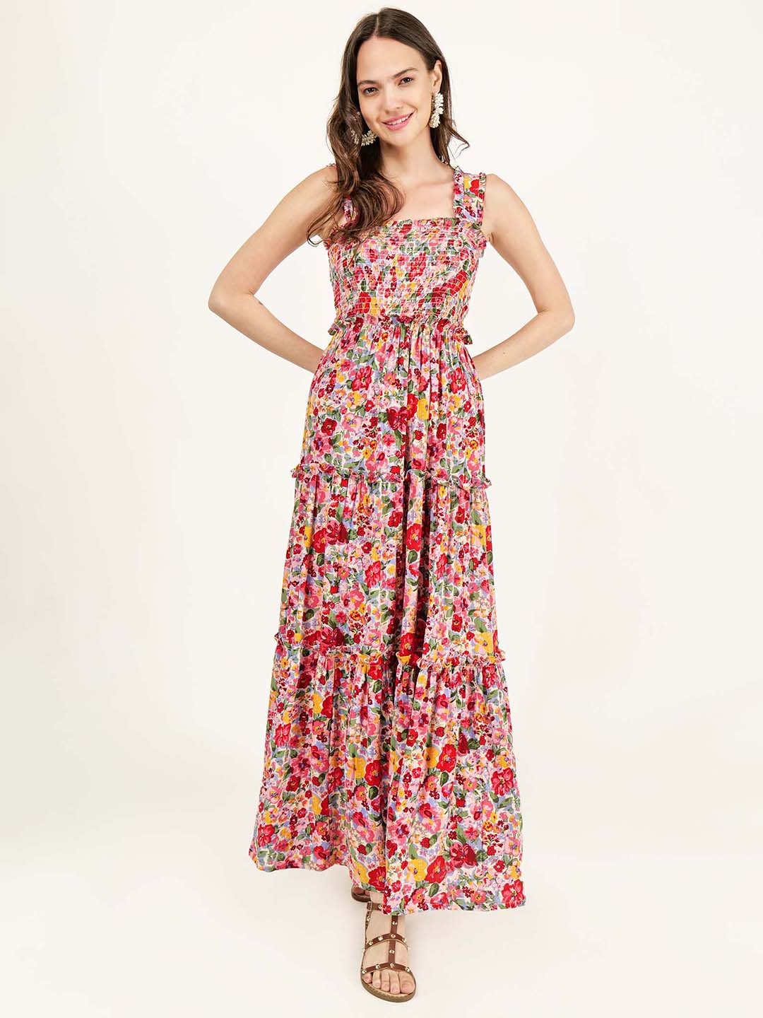 

DRIRO Floral Printed Smocked Square Neck Tiered Maxi Dress, Beige