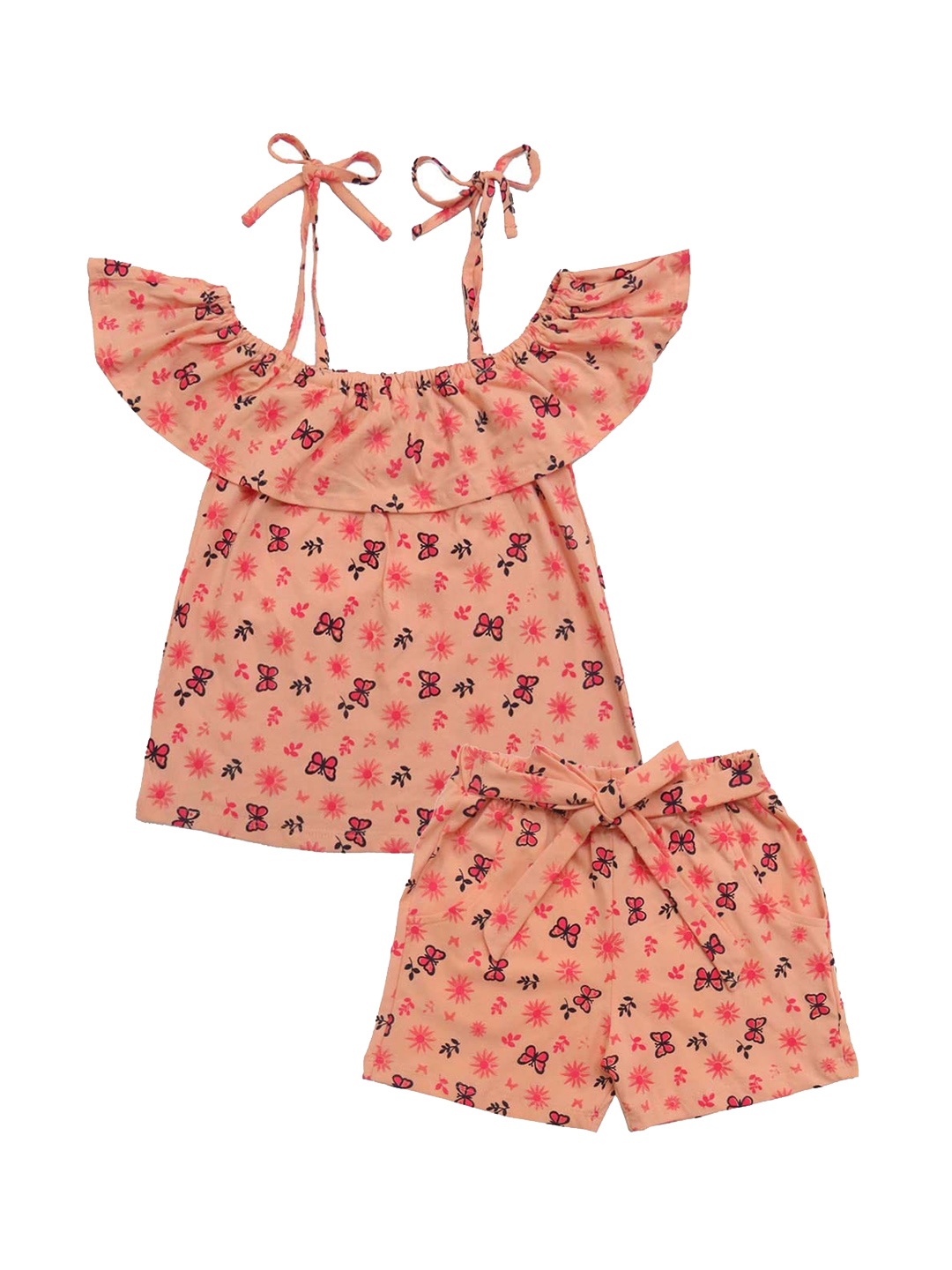 

Clothe Funn Girls Floral Printed Pure Cotton Top With Shorts Set, Peach