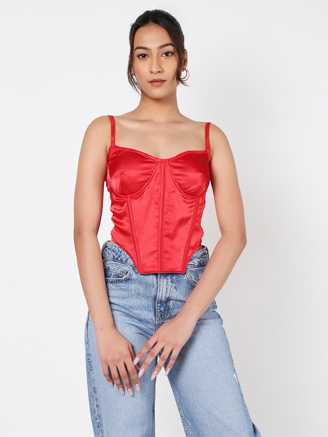 

LIYOKKI Shoulder Straps Sleeveless Satin Bralette Top, Red