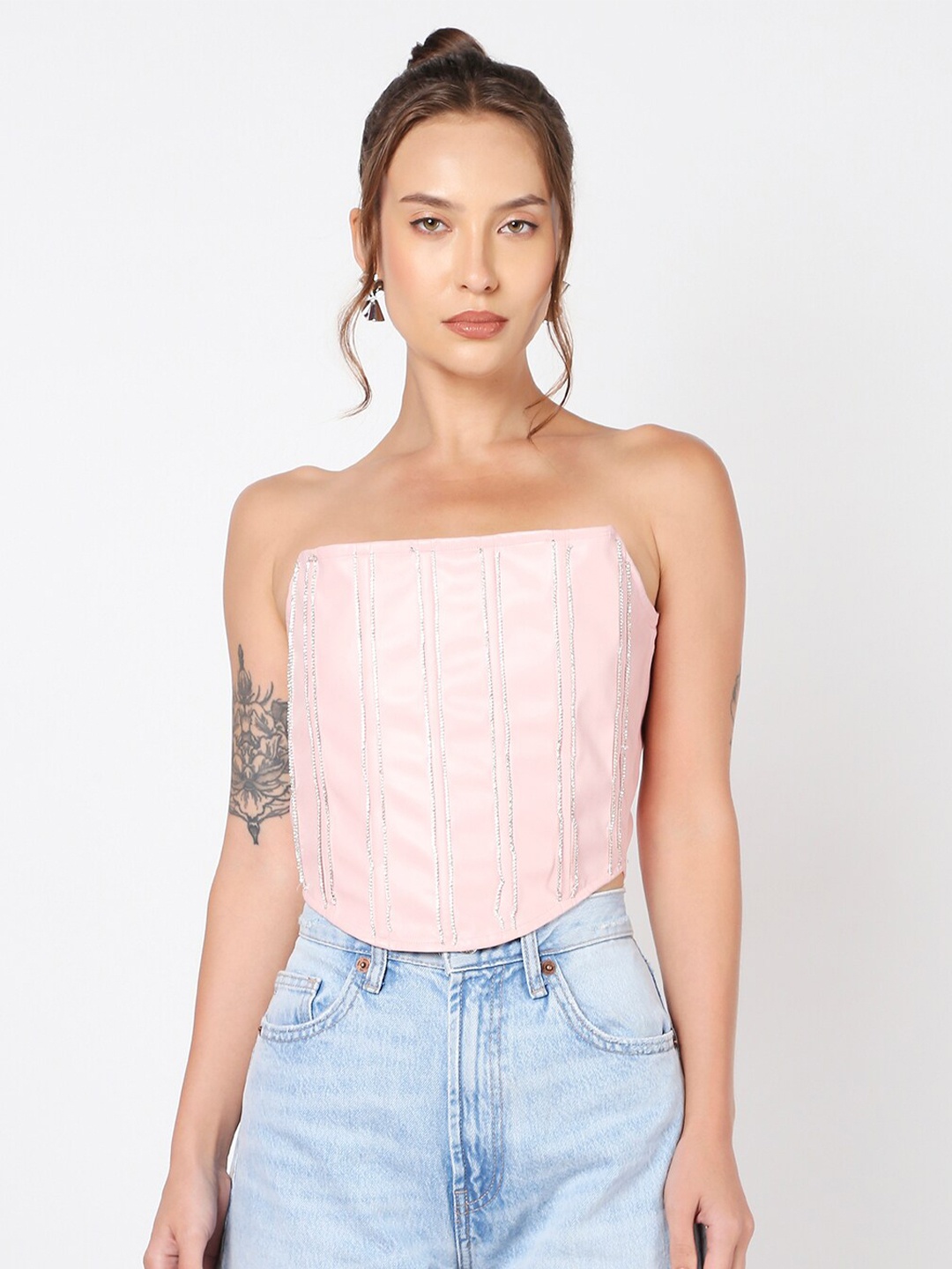 

LIYOKKI Vertical Striped Tie-Ups Velvet Crop Tube Top, Pink