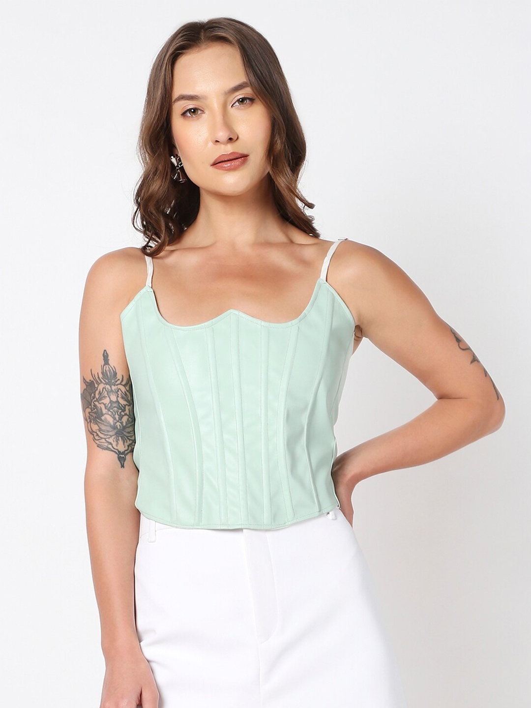 

LIYOKKI Self Design Shoulder Straps Sleeveless Tie-Ups Leather Crop Top, Green
