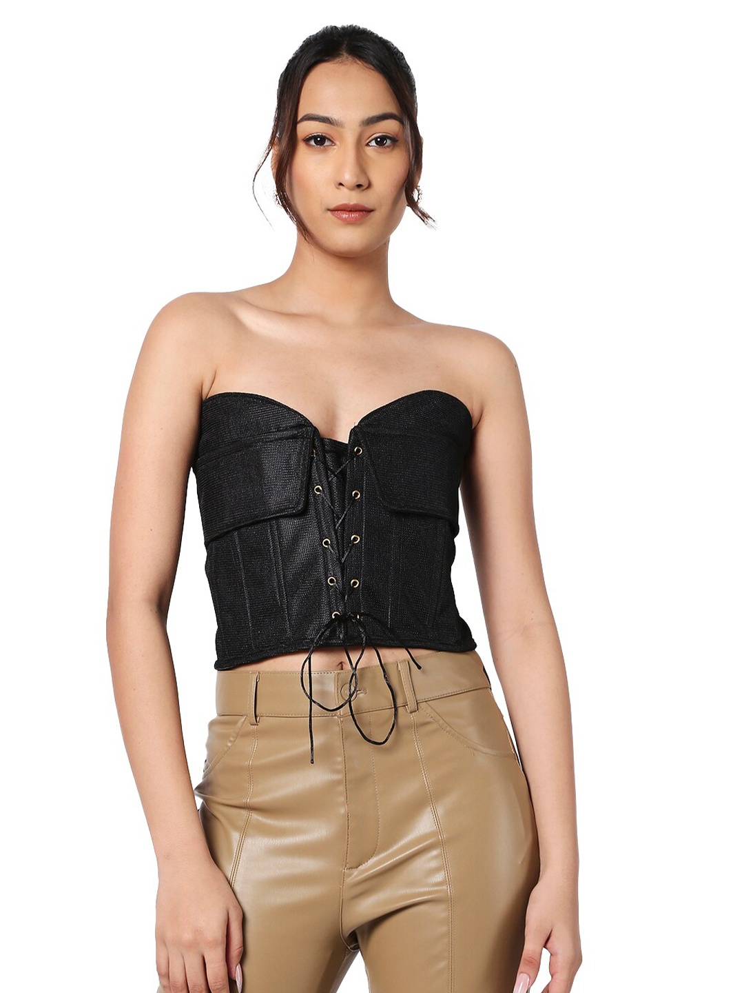 

LIYOKKI Strapless Sleeveless Velvet Tube Crop Top, Black