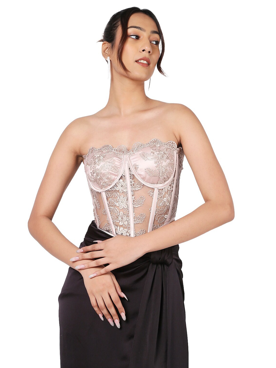 

LIYOKKI Self Design Strapless Lace Crop Tube Top, Pink