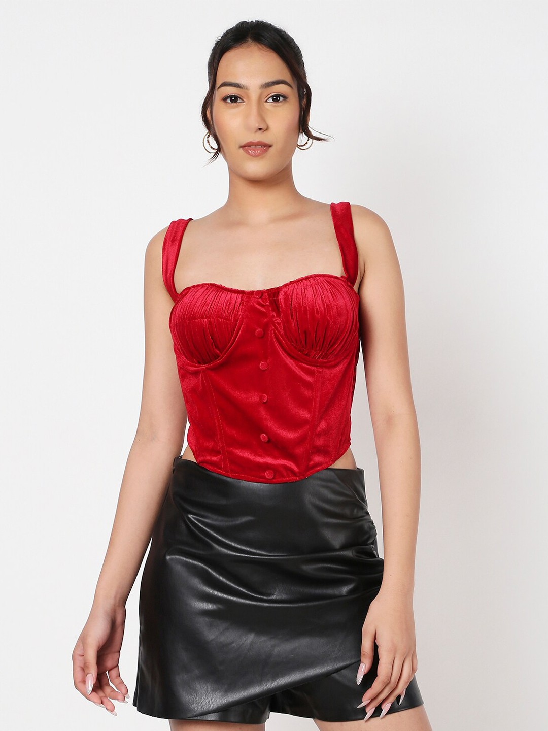 

LIYOKKI Shoulder Straps Fitted Crop Velvet Top, Red