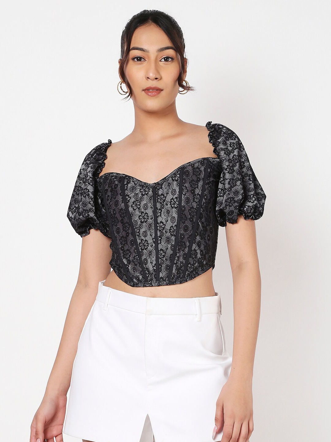 

LIYOKKI Floral Self Design Sweetheart Neck Crop Lace Top, Black