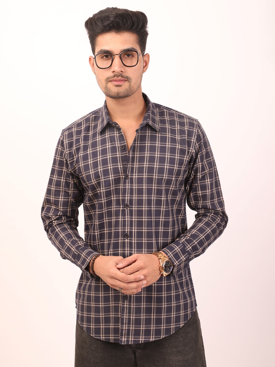 

DEZANO Checked Spread Collar Long Sleeves Pure Cotton Casual Shirt, Black