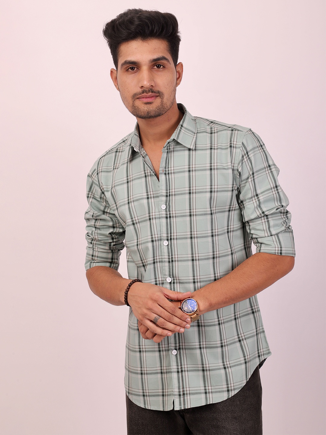 

DEZANO Windowpane Checked Casual Shirt, Green