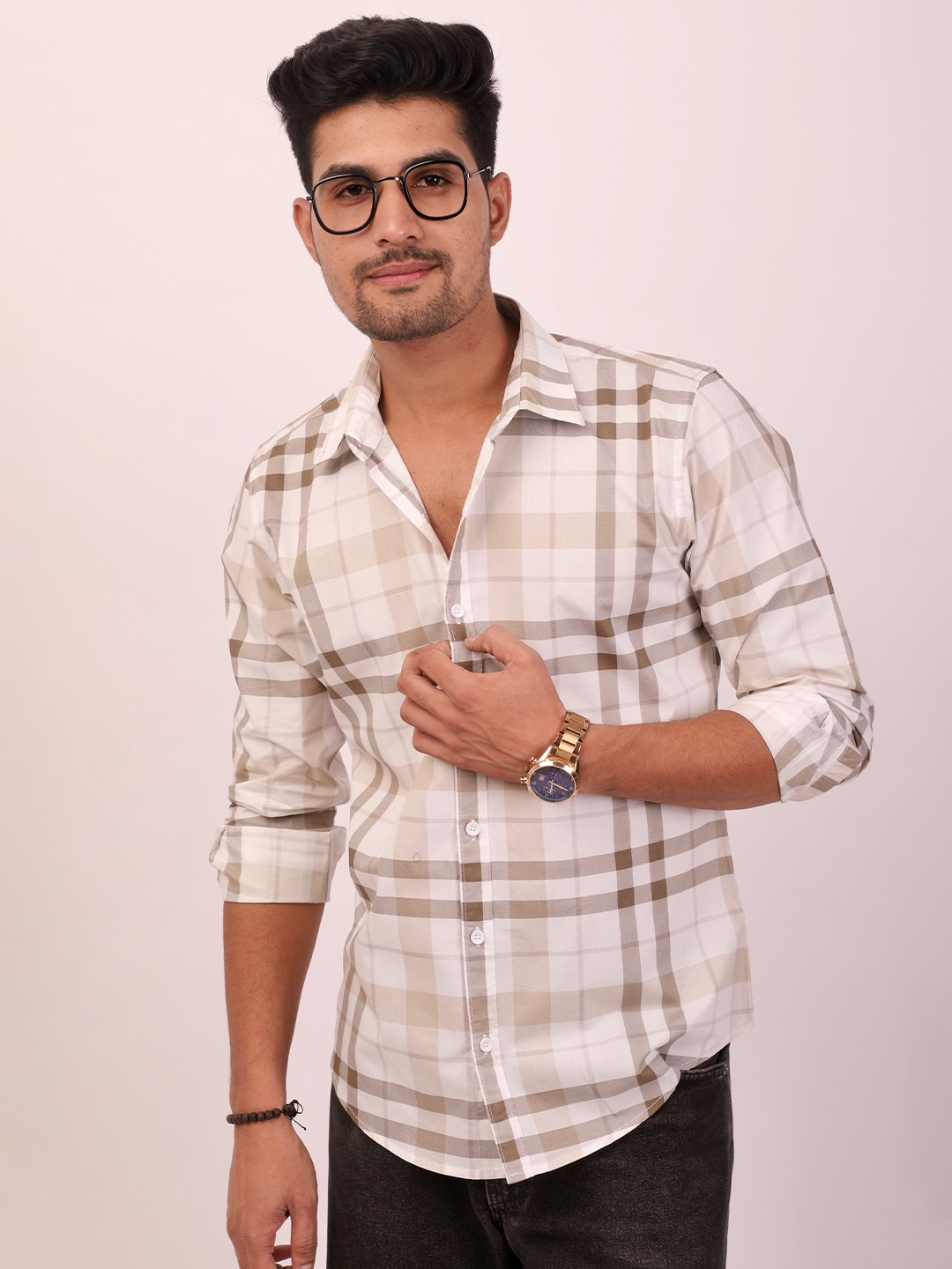 

DEZANO Tartan Checks Spread Colar Cotton Casual Shirt, White