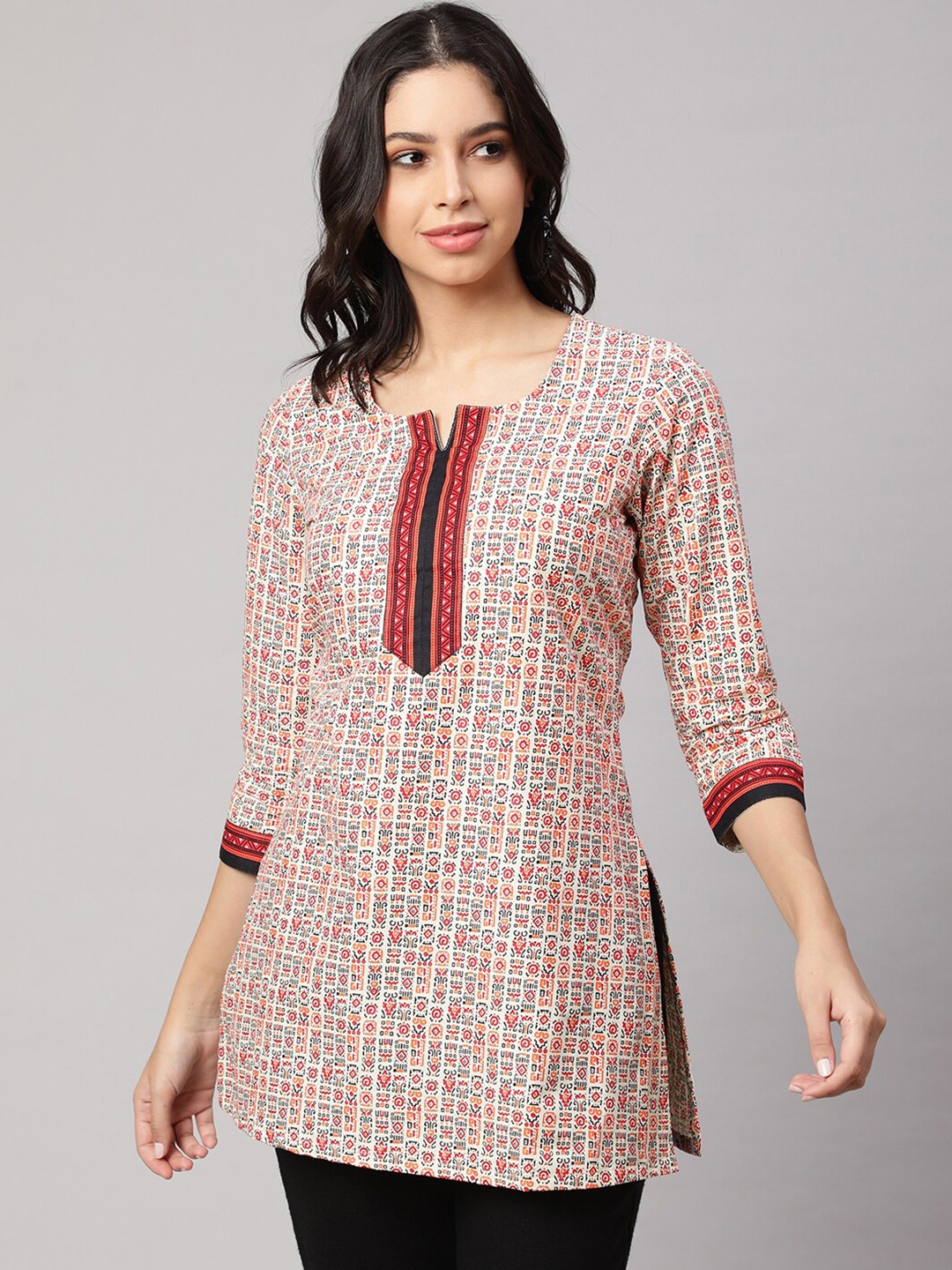 

AKIMIA Ethnic Motifs Printed Pure Cotton Straight Kurti, White