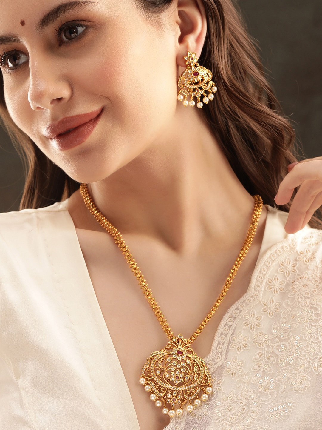 

Rubans 24K Gold Plated Ruby & CZ Studded Pearl Beaded Traditional Jewellery Set