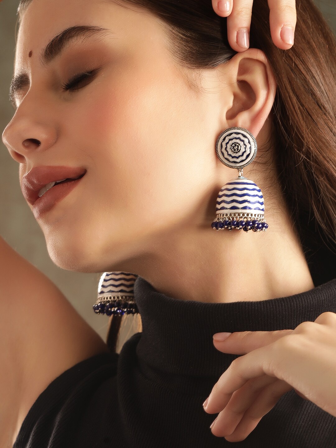 

Rubans Oxidized Enamel Beaded Jhumkas, Silver