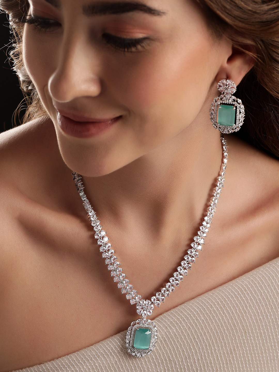 

Rubans Rhodium-Plated CZ-Studded Necklace & Earrings, Silver