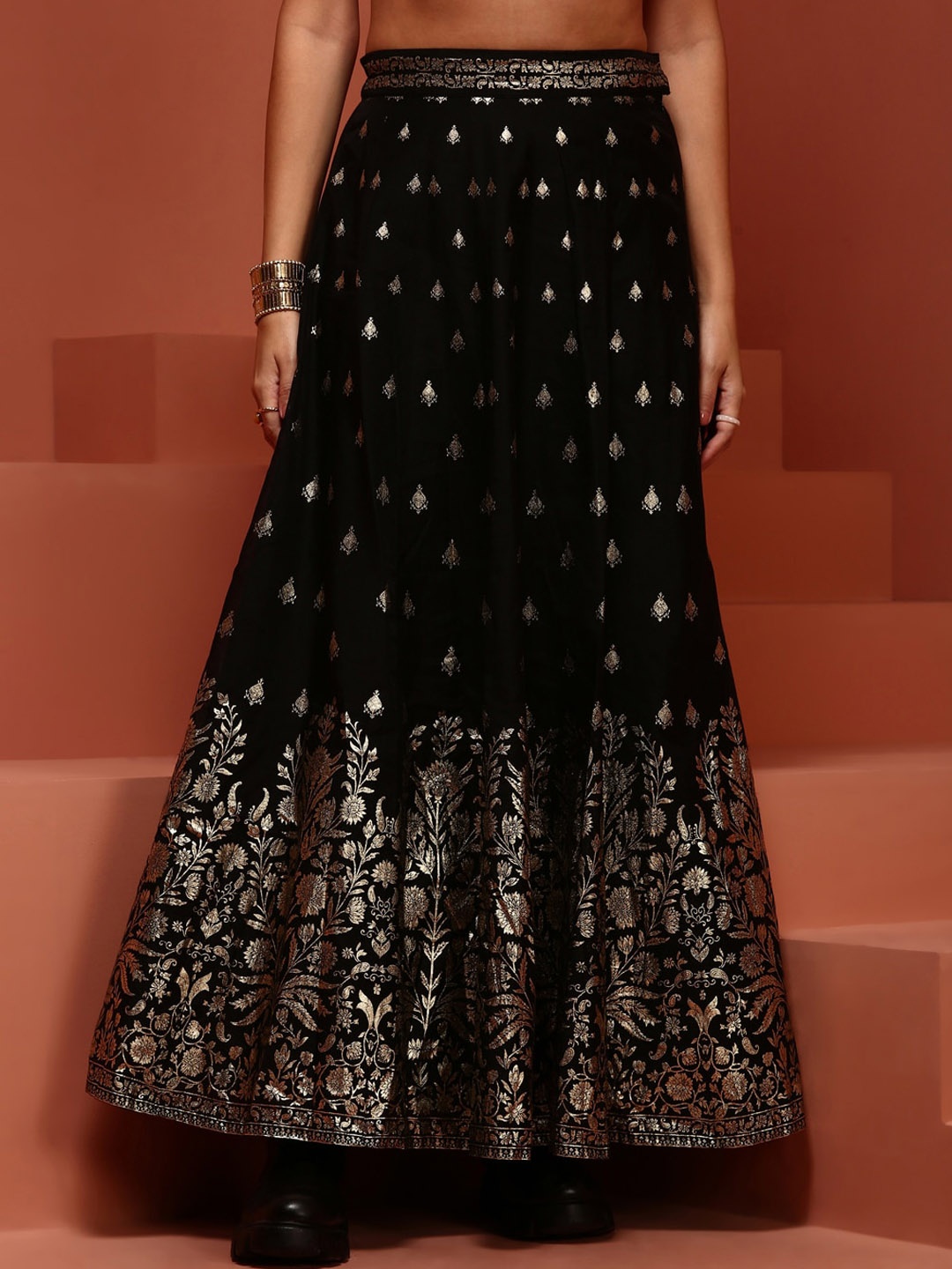 

IMARA Floral Printed Brocade Flared Maxi Skirt, Black