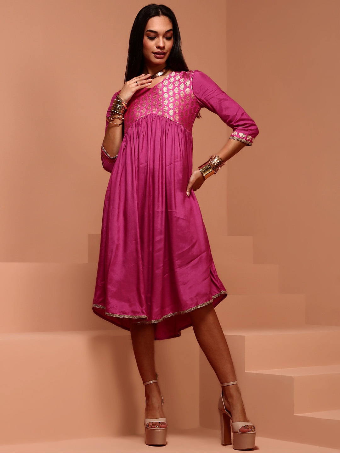 

IMARA Ethnic Motifs Embroidered Jacquard Pleated Empire Ethnic Dress, Pink