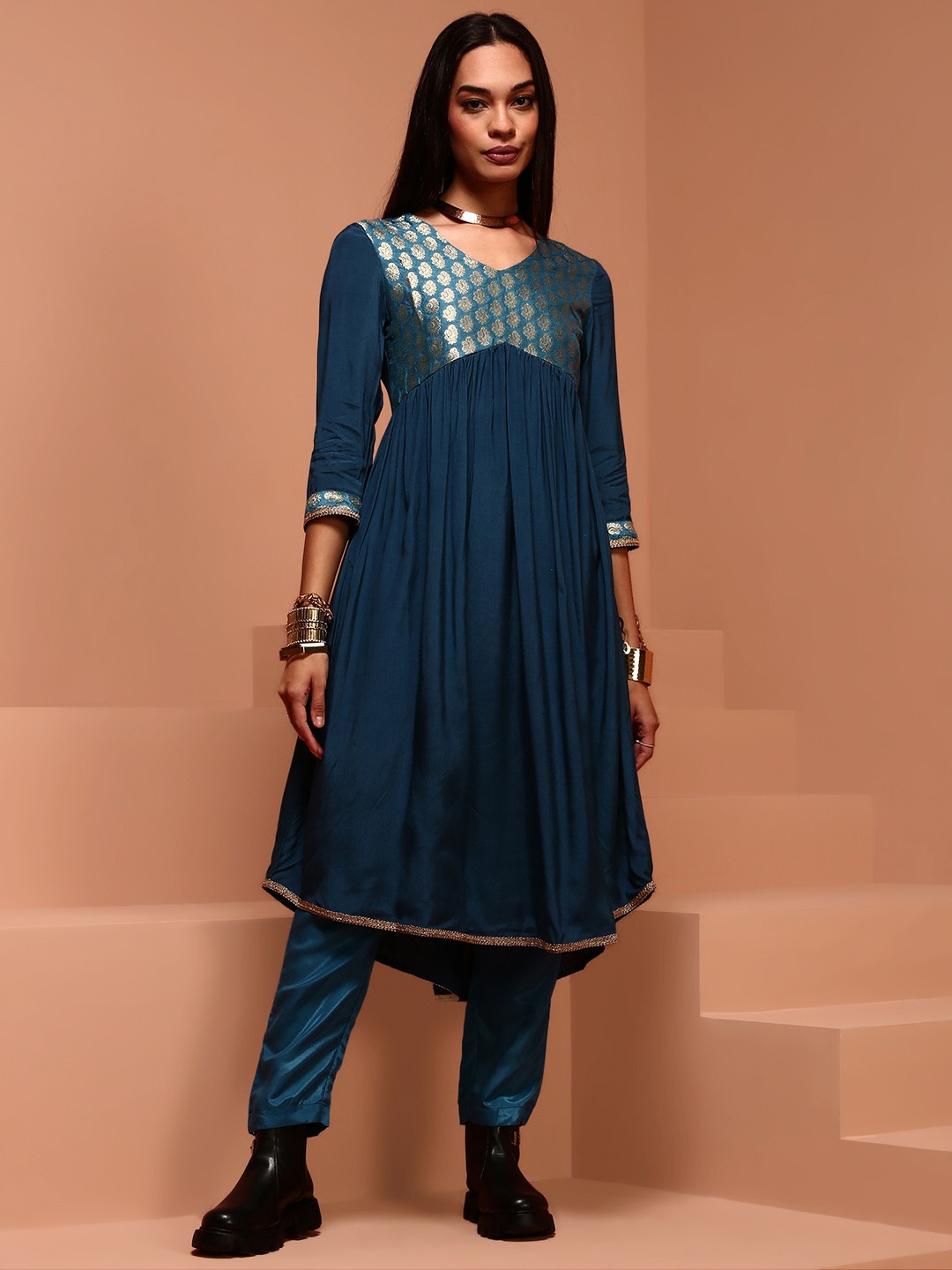 

IMARA Ethnic Motif Yoke Design Jacquard Empire Kurta, Teal